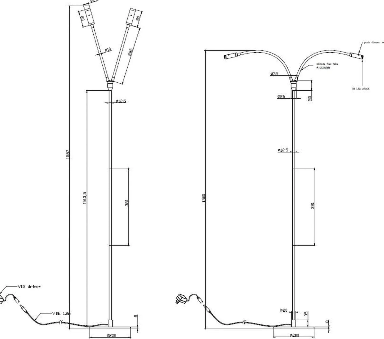 Flexi K2 gulvlampe 2x3W Dimbar - Svart