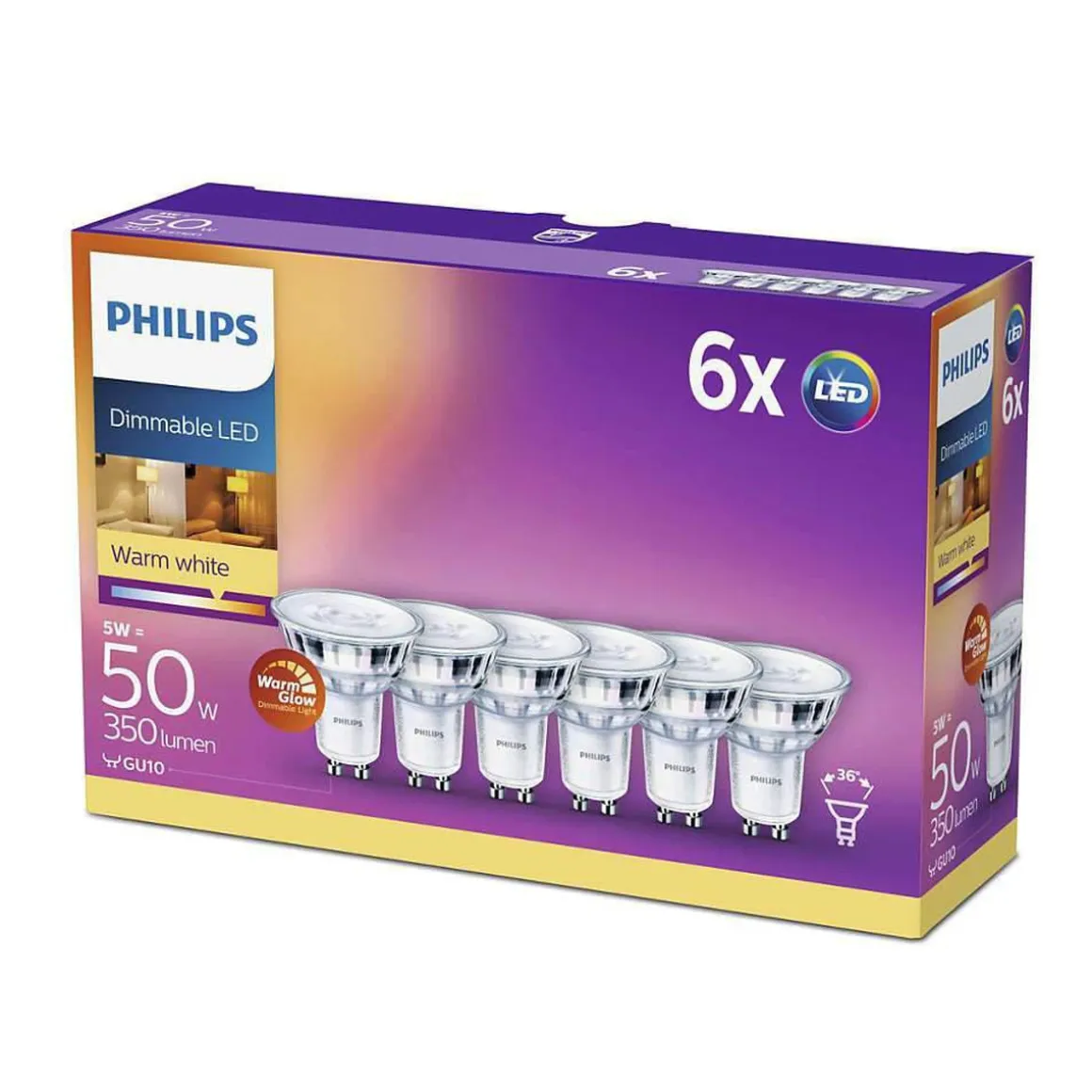 Philips 3,8W (50W), warmglow dimbar GU10 LED RA90, 6 pakning