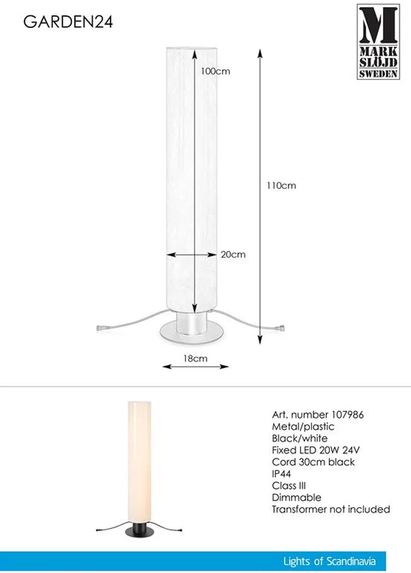 Sylinder 20W 110 cm hvit - Garden 24 - Hvit