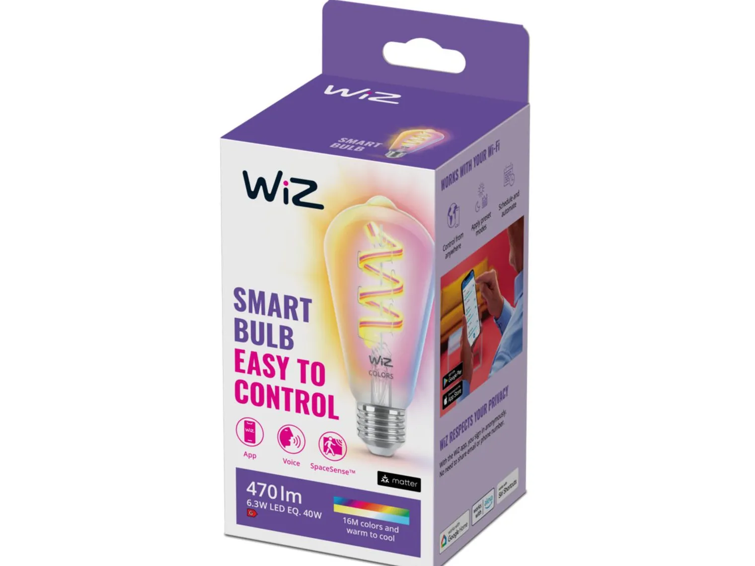 WiZ E27 Lyspære filament ST64 6,3W Wifi 2700-6500 Kelvin fullfarge RGB